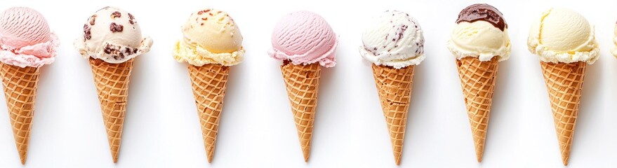 A delightful vector illustration set of various ice cream cones with toppings in a playful cartoon style. Generative ai