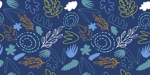 Leaves and branches, abstract style. Decorative leaves, floral seamless pattern.