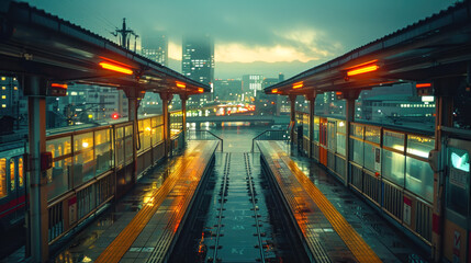 Fototapeta premium High-Speed Train Moving Through Modern City at Night - Dynamic Light Trails and Skyscrapers
