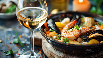 Glass of white wine with a seafood dish