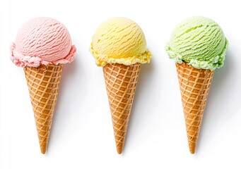 Three delicious ice cream cones in vanilla, chocolate, and mint flavors isolated on a white background. Generative ai
