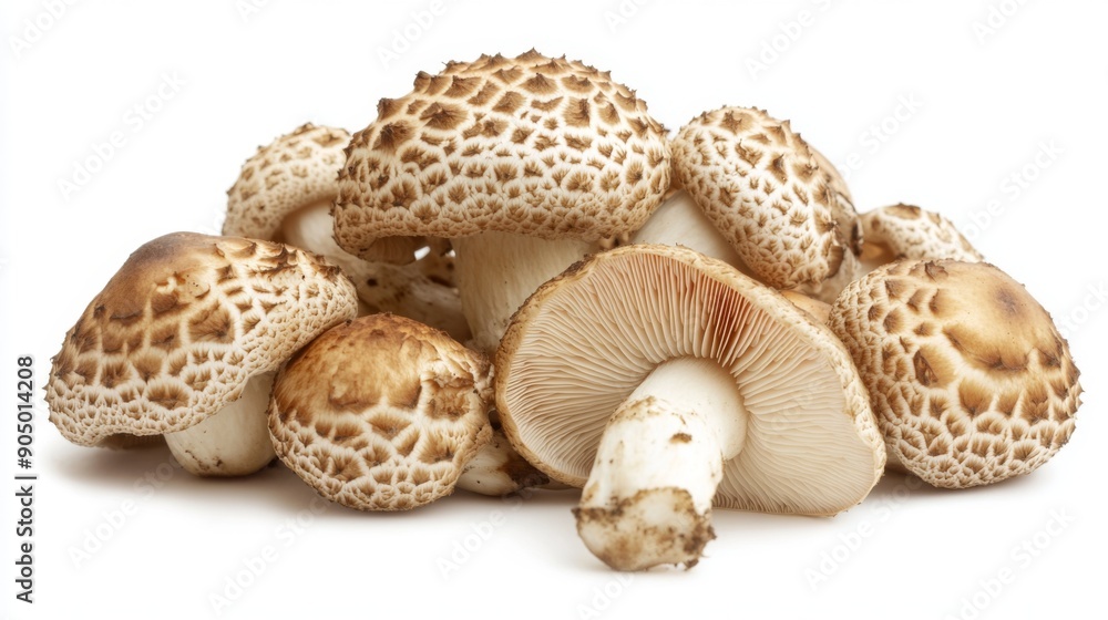 Poster A group of Matsutake mushrooms with their distinct shapes and patterns, isolated on a white background.