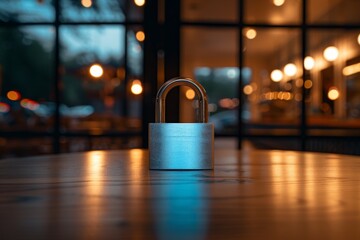 Blue digital padlock in a corporate hallway, emphasizing secured access in business environments.