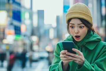 Fototapeta premium Portrait conceptual photography of a Japanese woman in a green outfit, looking at her phone with a surprised expression, bustling city street in the background, High-resolution, detailed textures,