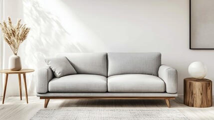 Grey sofa interior in living room and plants with sunlight