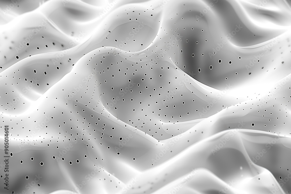 Poster Seamless texture featuring abstract white waves and black dots connected by lines, creating a futuristic and intricate design