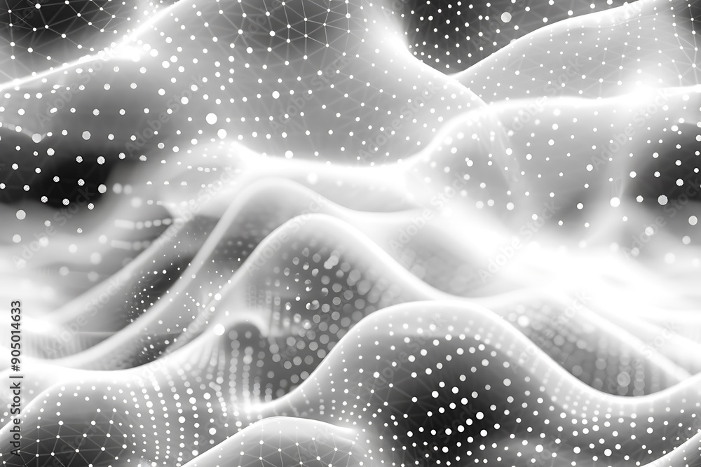 Poster Seamless texture featuring abstract white waves and black dots connected by lines, creating a futuristic and intricate design