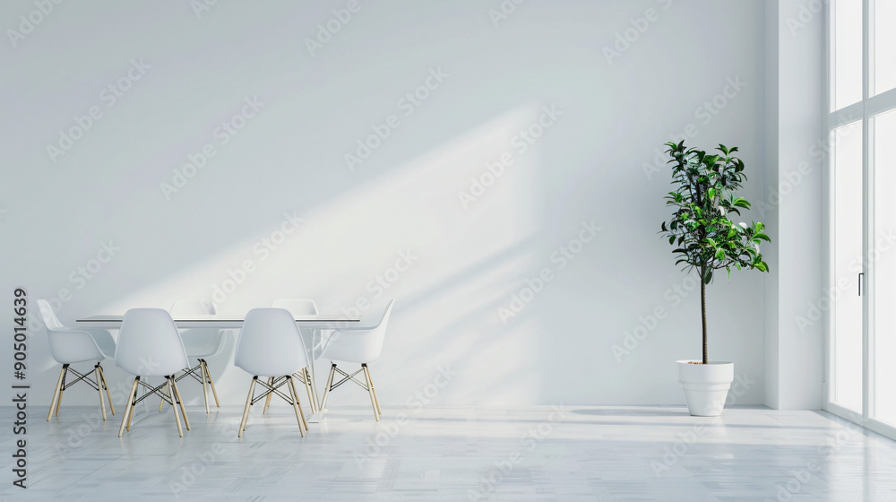 Poster modern and minimalist dining room with white walls and a large window letting natural light through