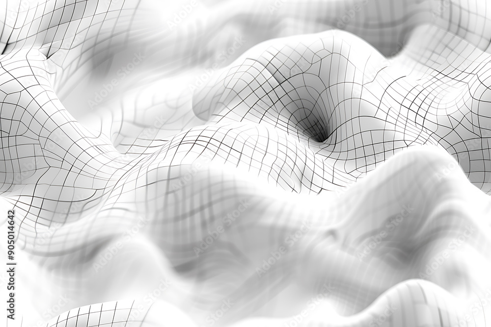 Poster Seamless texture featuring abstract white waves and black dots connected by lines, creating a futuristic and intricate design