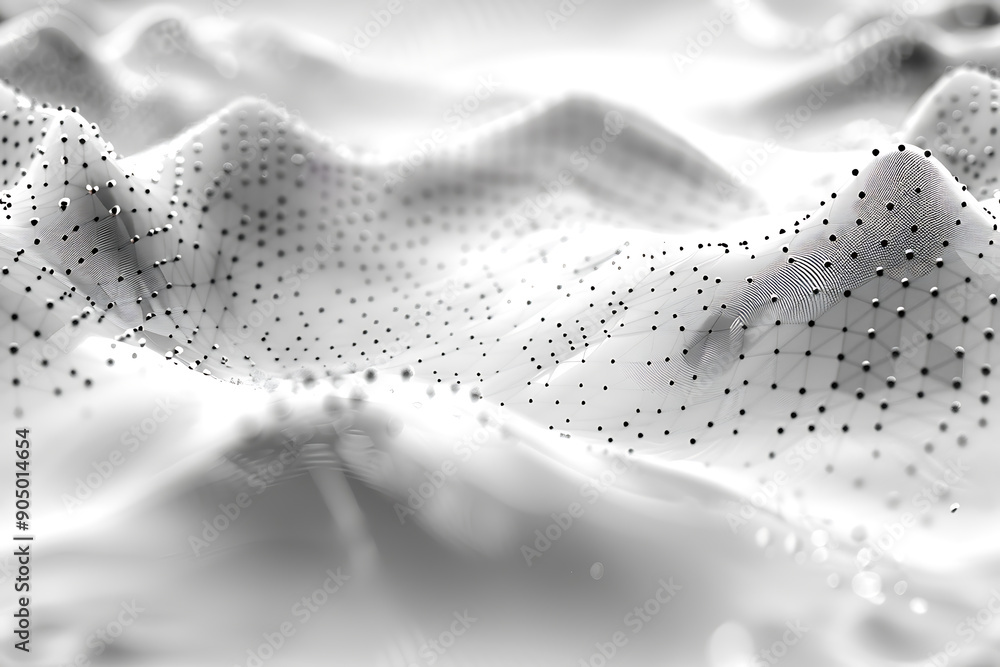 Poster Seamless texture featuring abstract white waves and black dots connected by lines, creating a futuristic and intricate design