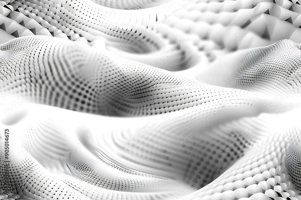 Poster Seamless texture featuring abstract white waves and black dots connected by lines, creating a futuristic and intricate design
