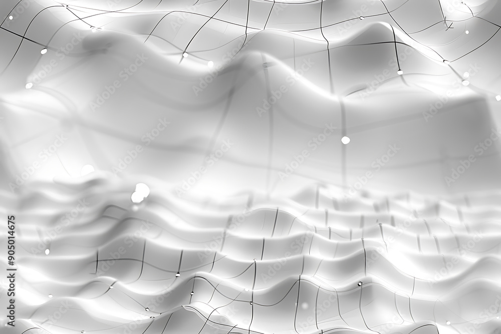 Poster Seamless texture featuring abstract white waves and black dots connected by lines, creating a futuristic and intricate design