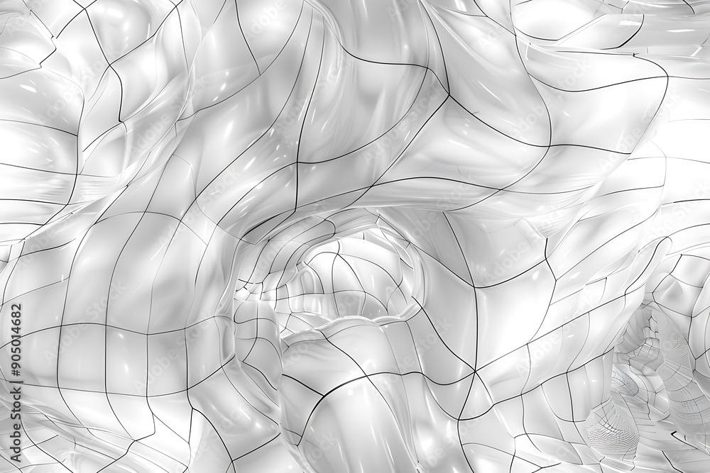 Poster Seamless texture featuring abstract white waves and black dots connected by lines, creating a futuristic and intricate design