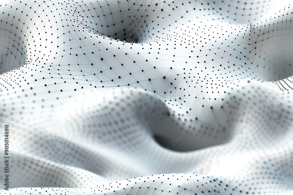 Poster Seamless texture featuring abstract white waves and black dots connected by lines, creating a futuristic and intricate design