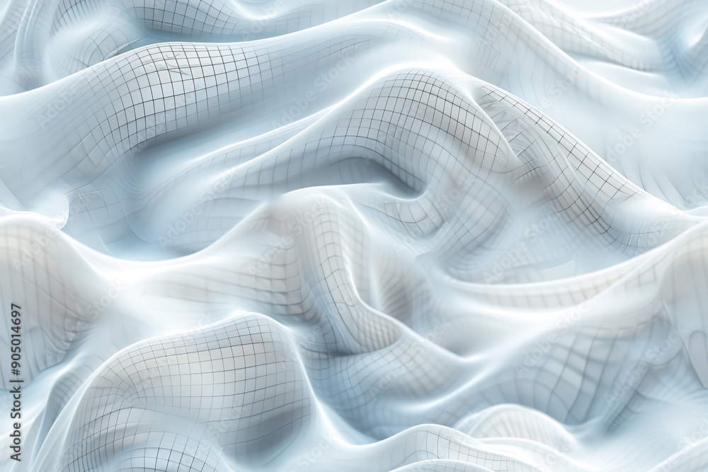 Poster Seamless texture featuring abstract white waves and black dots connected by lines, creating a futuristic and intricate design