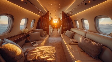 A luxurious private jet cabin showing a warm and elegant beige interior setting with a sun setting in the background, creating a cozy and inviting atmosphere for travelers.
