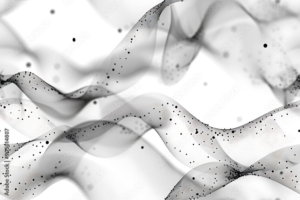 Poster seamless texture featuring abstract white waves and black dots connected by lines, creating a futuri