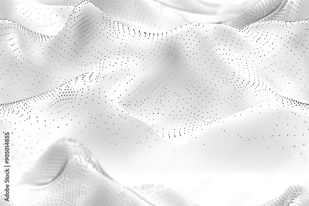 Poster seamless texture featuring abstract white waves and black dots connected by lines, creating a futuri