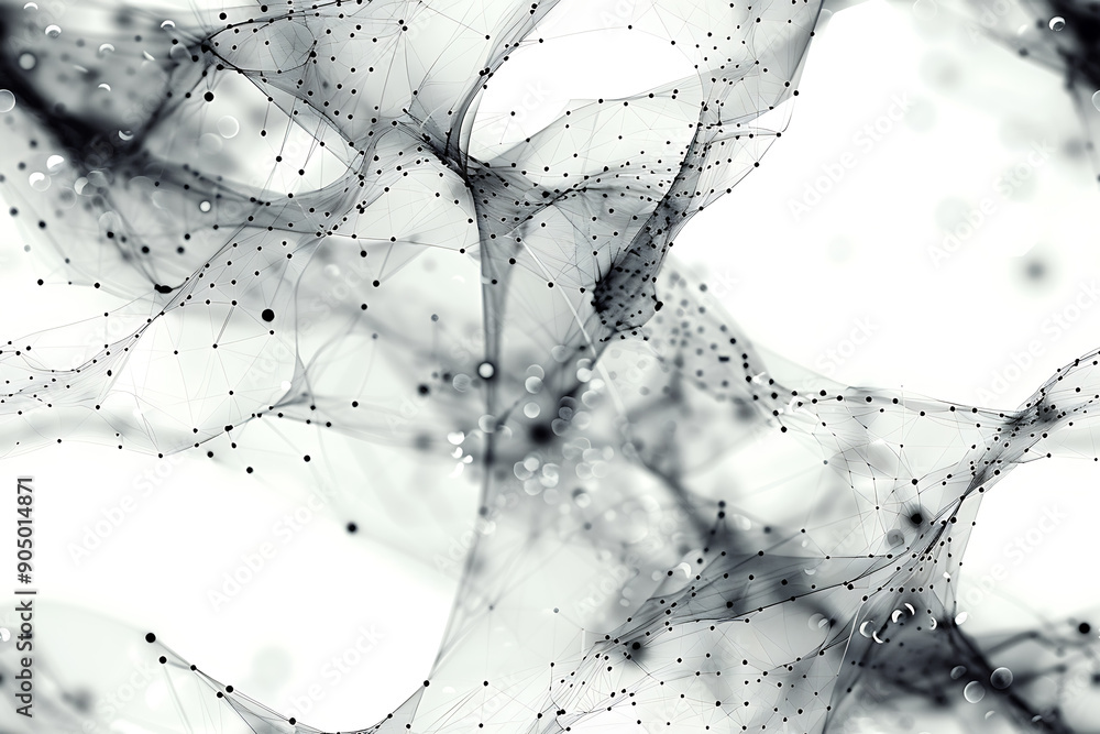 Poster seamless texture featuring abstract white waves and black dots connected by lines, creating a futuri