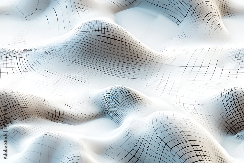 Poster seamless texture featuring abstract white waves and black dots connected by lines, creating a futuri