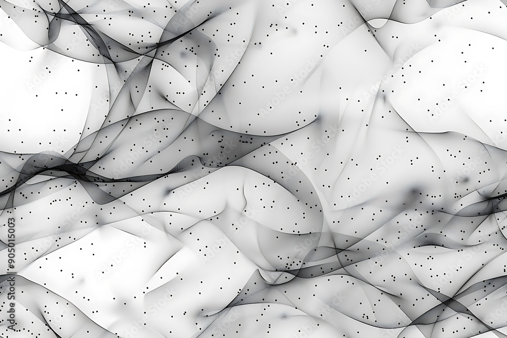 Poster seamless texture featuring abstract white waves and black dots connected by lines, creating a futuri