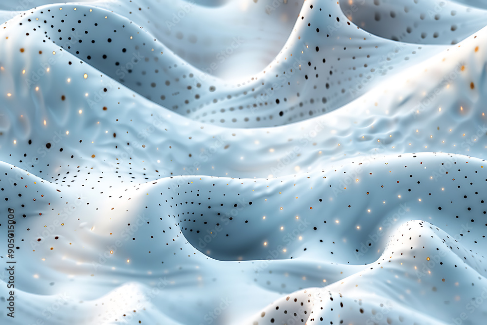 Poster seamless texture featuring abstract white waves and black dots connected by lines, creating a futuri