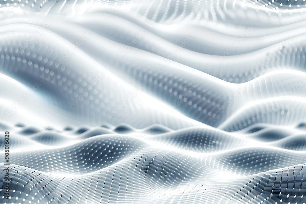 Poster seamless texture featuring abstract white waves and black dots connected by lines, creating a futuri