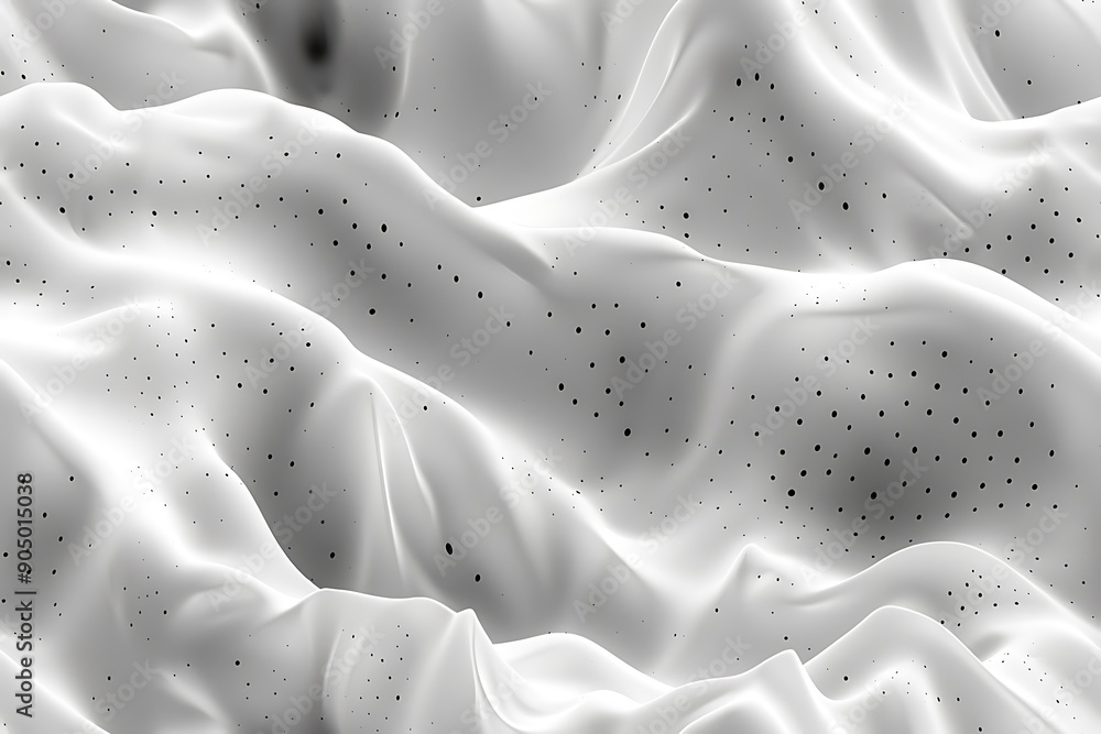 Poster seamless texture featuring abstract white waves and black dots connected by lines, creating a futuri