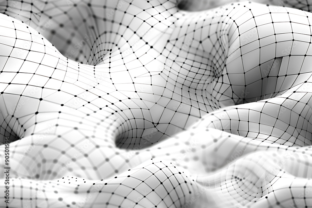 Poster seamless texture featuring abstract white waves and black dots connected by lines, creating a futuri