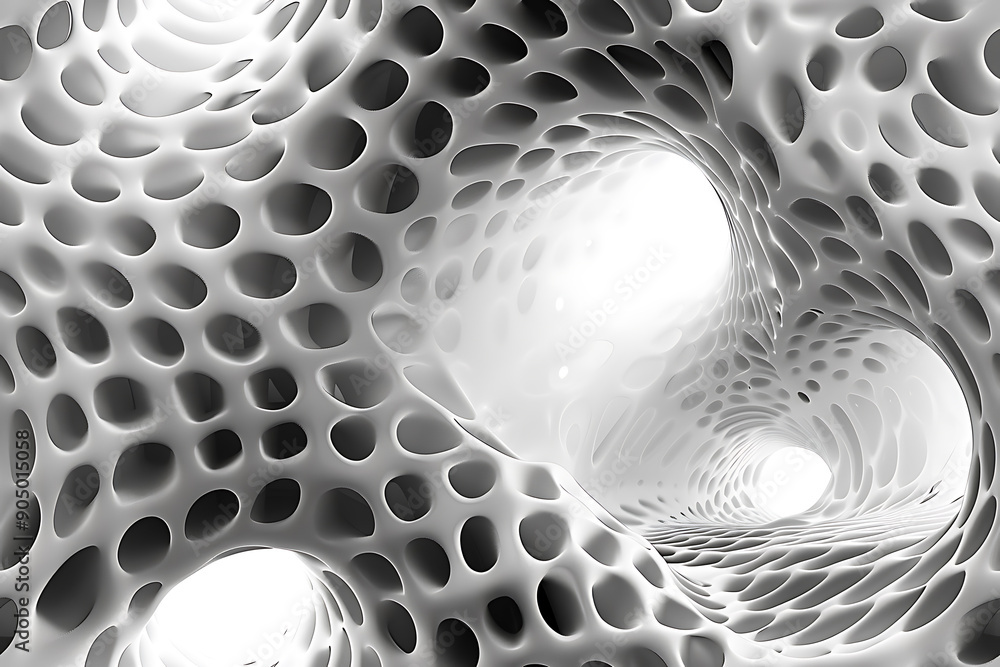 Poster seamless texture featuring abstract white waves and black dots connected by lines, creating a futuri