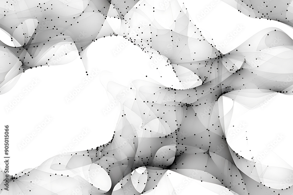 Poster seamless texture featuring abstract white waves and black dots connected by lines, creating a futuri