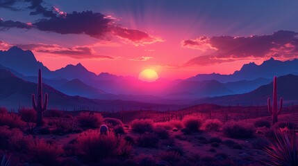 Fototapeta premium Breathtaking Sunset Over Mountains With Cacti in the Arizona Desert at Dusk