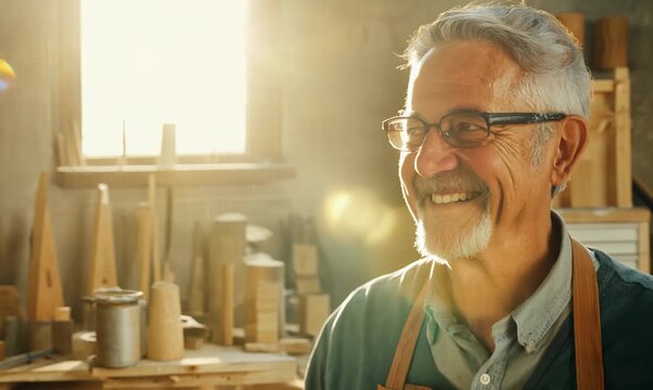 Portrait of smiling senior craftsman in apron and eyeglasses standing in his workshop