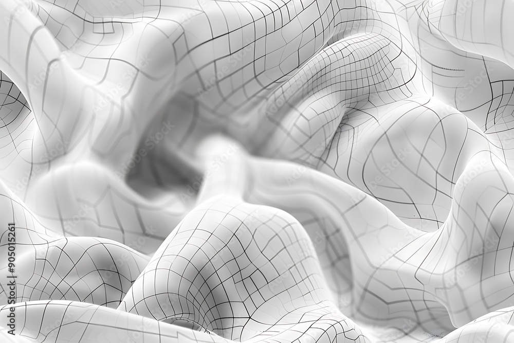 Poster seamless texture featuring abstract white waves and black dots connected by lines, creating a futuri
