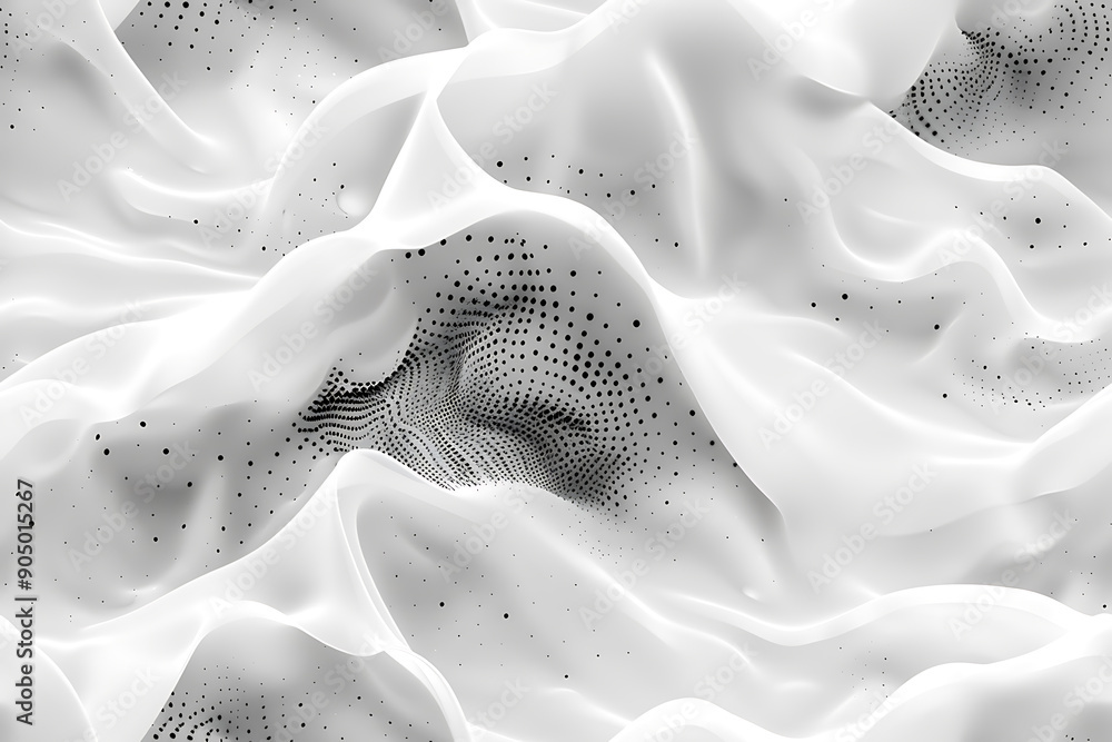 Poster seamless texture featuring abstract white waves and black dots connected by lines, creating a futuri