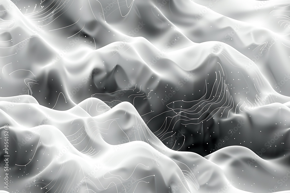 Poster seamless texture featuring abstract white waves and black dots connected by lines, creating a futuri