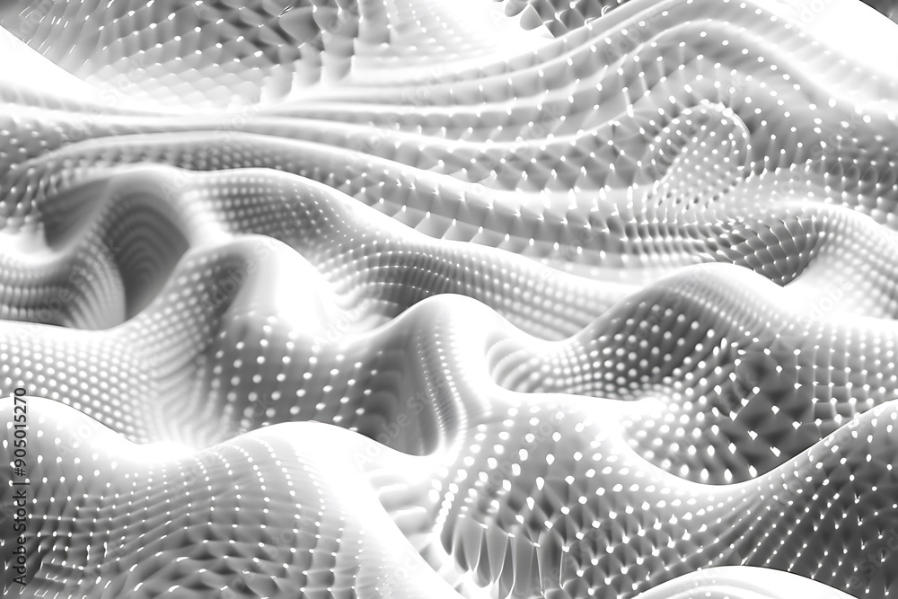 Poster seamless texture featuring abstract white waves and black dots connected by lines, creating a futuri