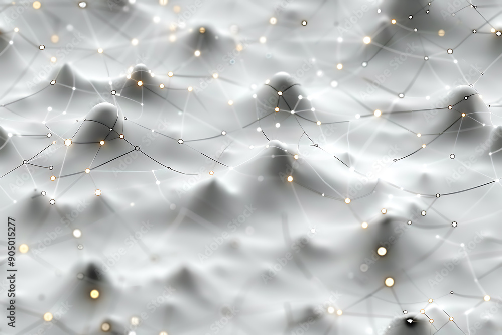 Poster seamless texture featuring abstract white waves and black dots connected by lines, creating a futuri