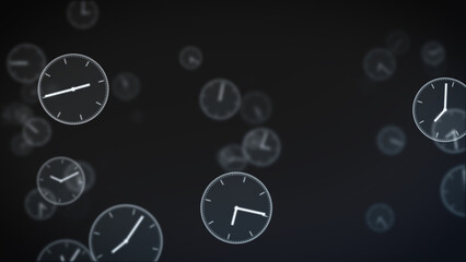 Multiple clocks displaying different times, representing various global cities. Dark background emphasizing the clocks.