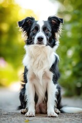 Fototapeta premium Portrait of a black and white dog sitting on the ground with attentive eyes and evening light in the background. Generative ai