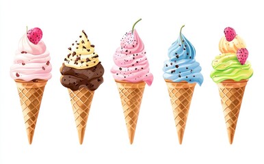Set of five ice cream cones with different fillings and colorful toppings on a white background. Generative ai