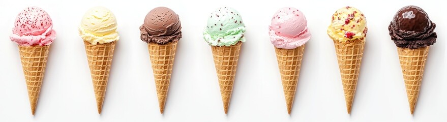 Set of ice cream cones with different flavors isolated on white background, perfect summer treat. Generative ai