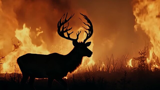A deer stands in front of a raging forest fire. An ecological disaster and a tragedy for forest animals. 1280x720 footage.