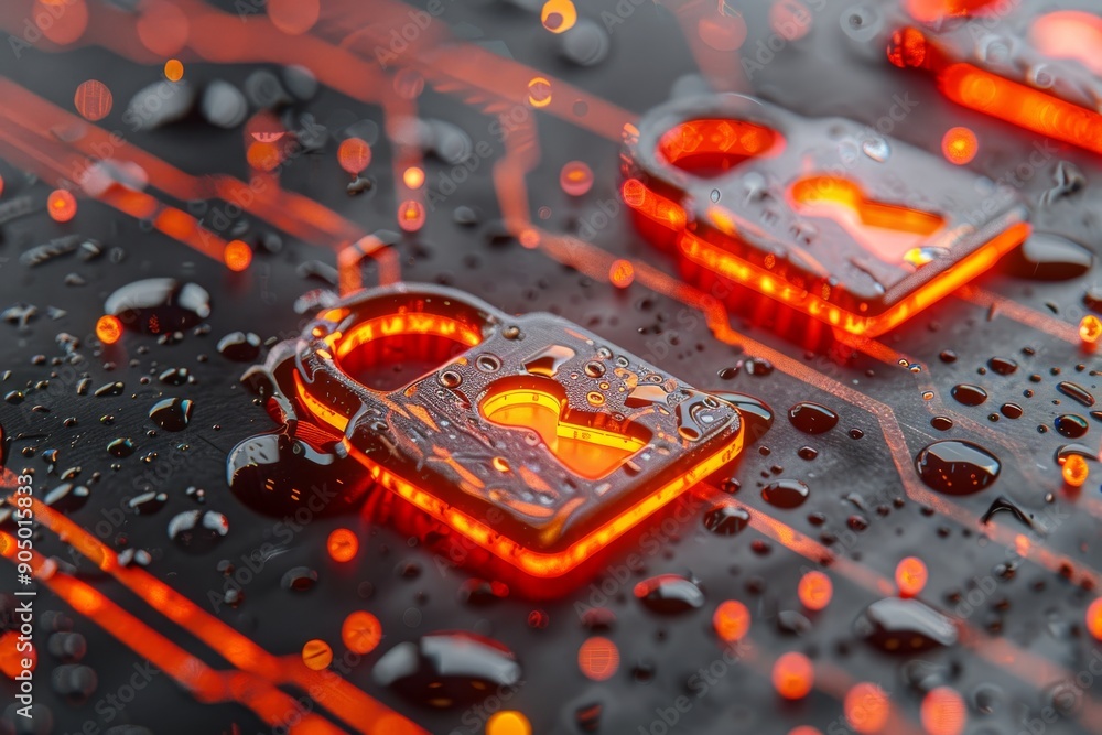 Poster motherboard with integrated digital locks showcasing encryption technology at the hardware level.