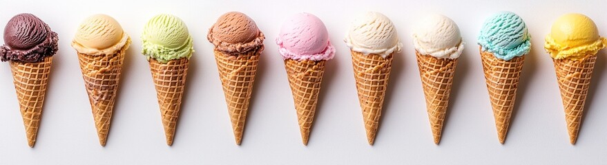 Set of ice cream cones with different flavors isolated on white background, perfect summer treat. Generative ai