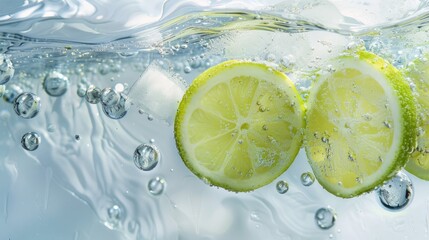Green lemon slices and ice cubes in whitewater, bubbles, light background,