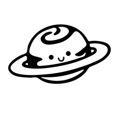 A cute, simple black and white cartoon illustration of a smiling planet 