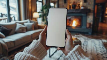 A person wearing a cozy sweater is holding a smartphone with a blank screen, sitting in a warm living room featuring a fireplace, modern decor, and a relaxed atmosphere.