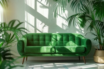 there is a green sofa in the room, and next to it are green palm leaves