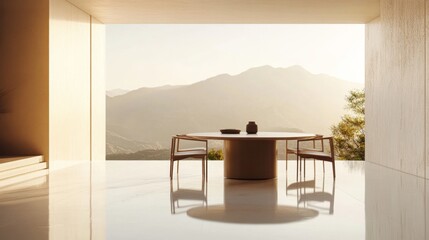 Fototapeta premium A minimalist dining area with a round table, a few chairs, and a clean, airy feel.
